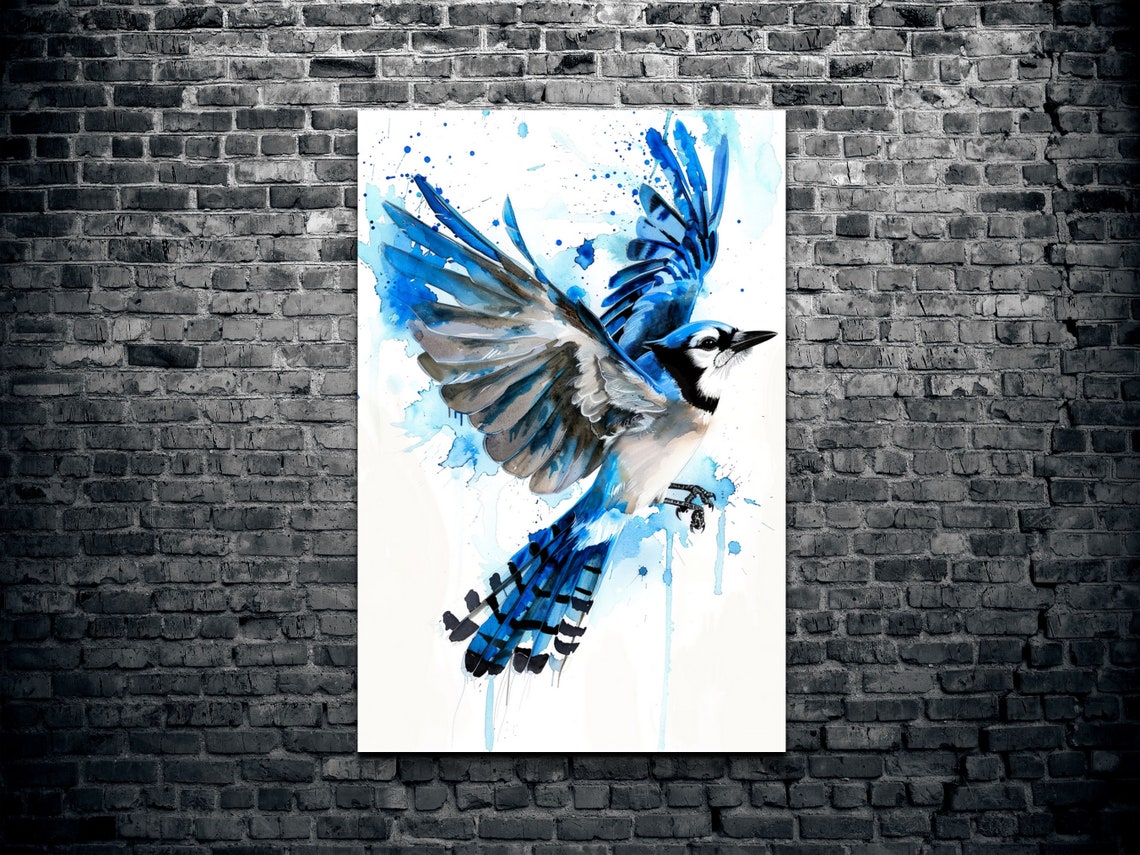 Blue Jay Soaring With Wings Spread Watercolor Paint Splatter Poster - Image 2