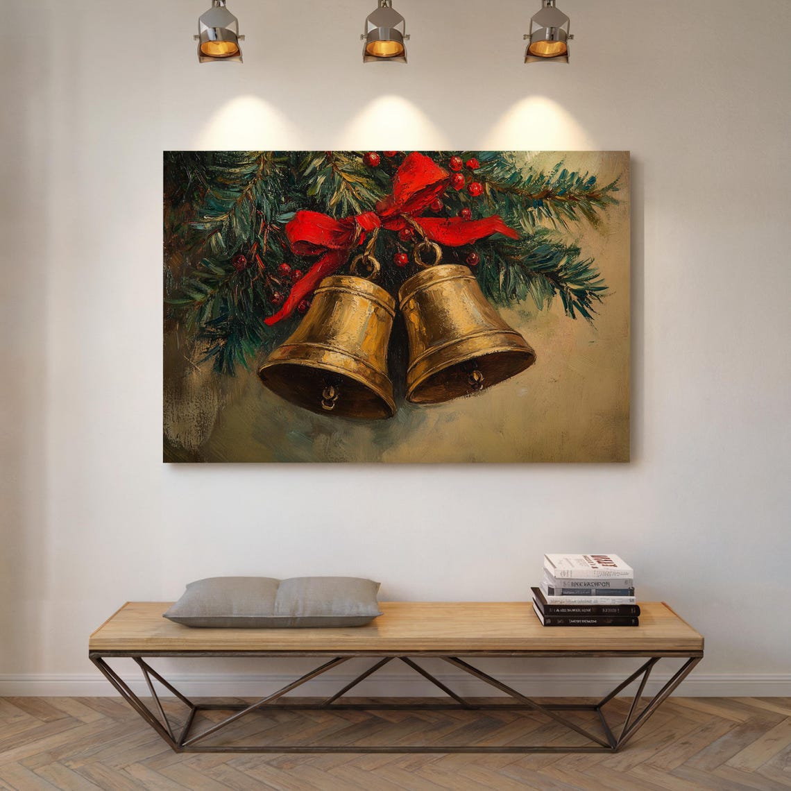 Golden Christmas Bells With Red Bow And Pine Holiday Wall Art - Image 6
