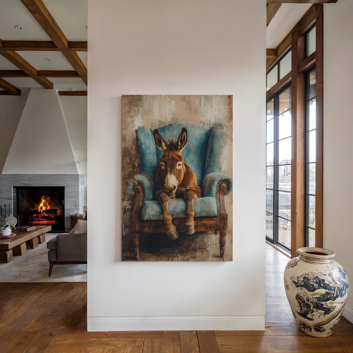 Adorable Donkey Resting On Blue Chair, Farmhouse Art Print - Image 4