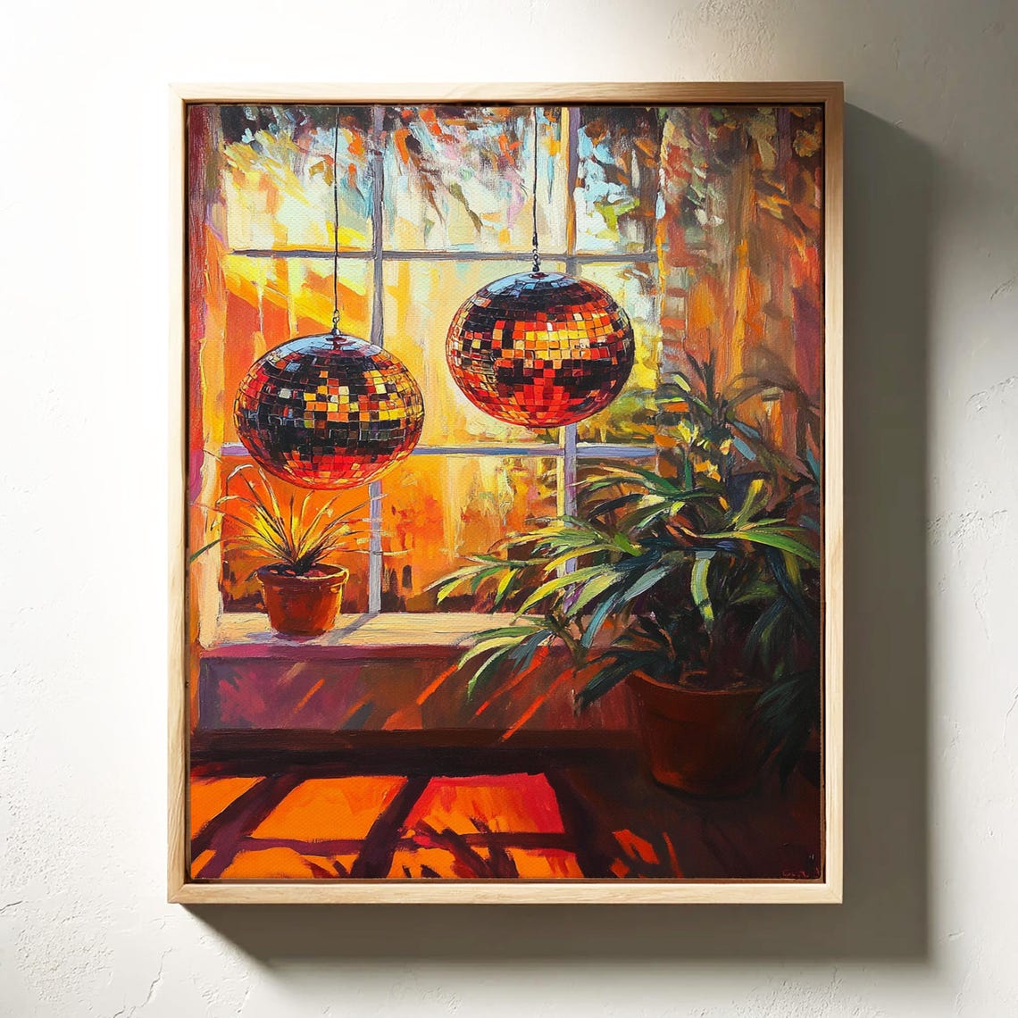 Retro Disco Ball Art Warm Sunset Glow With Hanging Disco Balls Indoor Plants And Vibrant Reflections Boho Wall Decor - Image 6