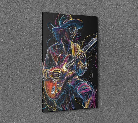 Neon Line Art Electric Guitarist in Sunglasses Music Wall Poster