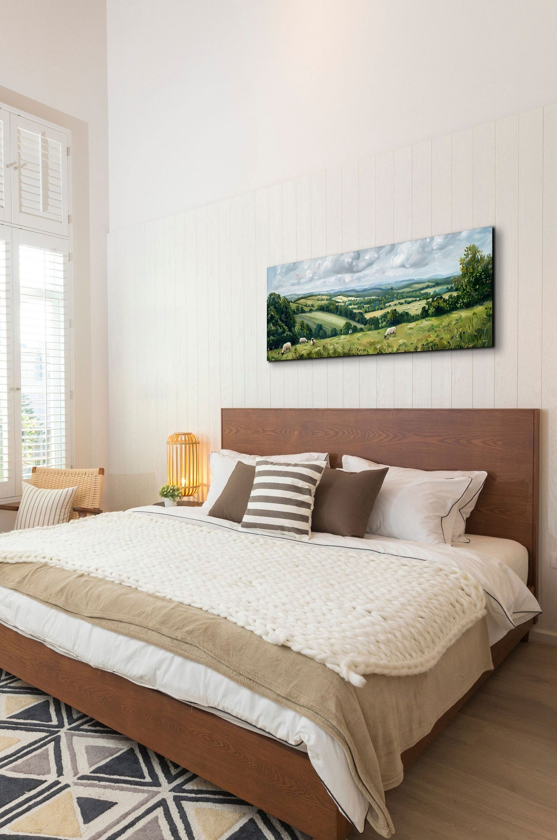 Sheep Grazing in a Lush Meadow Under a Cloudy Sky Panoramic Poster - Image 4