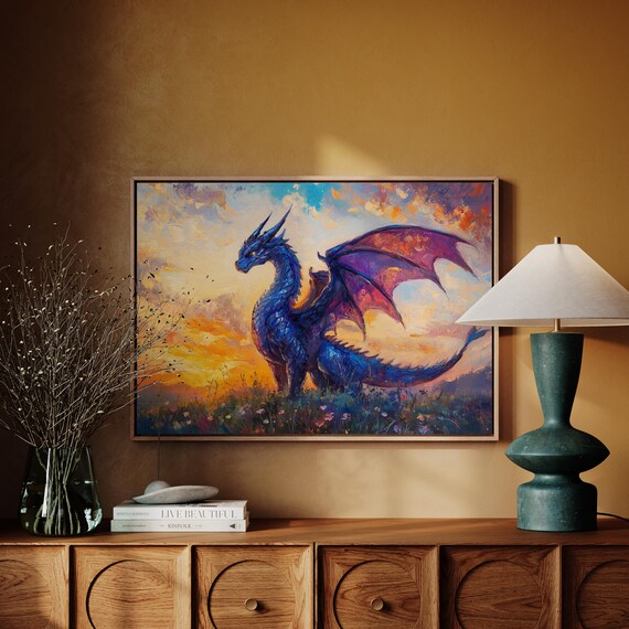Majestic Blue Dragon at Sunset Vibrant Fantasy Oil Painting Print