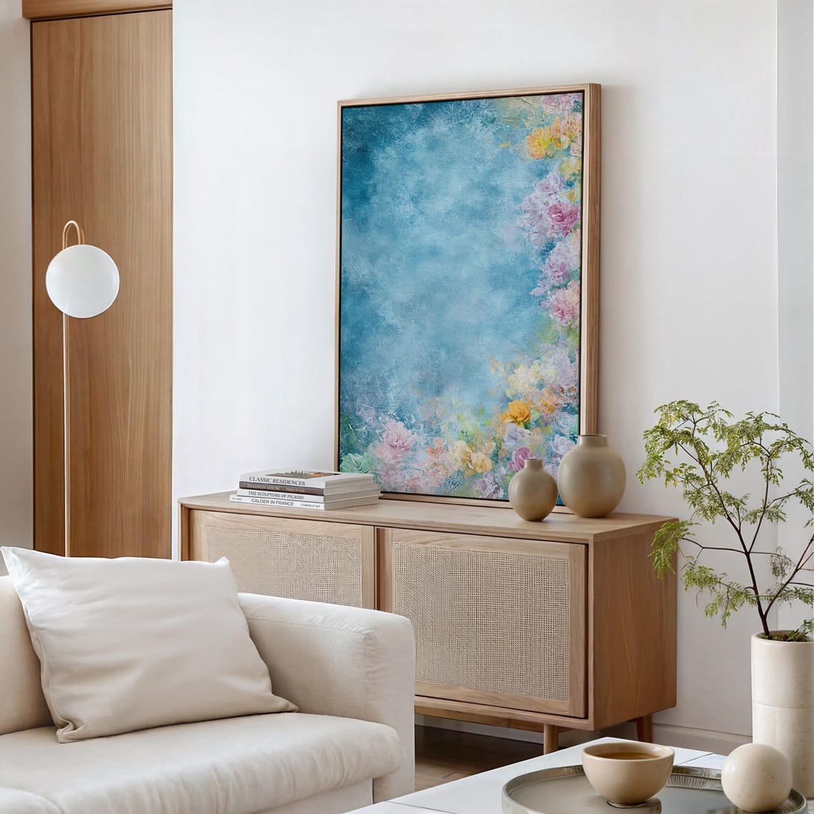 Pastel Blossoms On Teal Textured Abstract Floral Modern Art Poster - Image 6