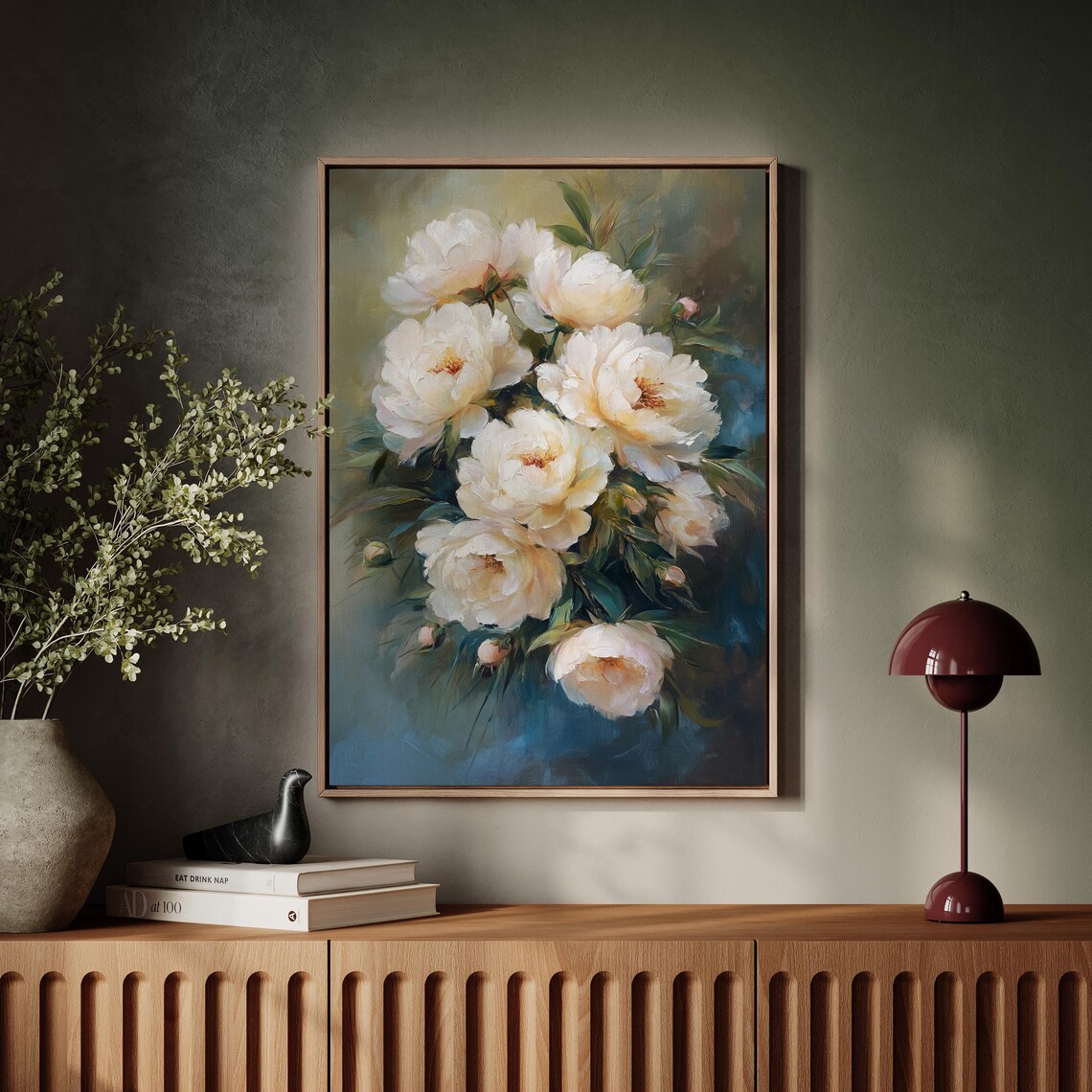 Cream White Peony Bouquet Oil Painting on Teal Floral Poster