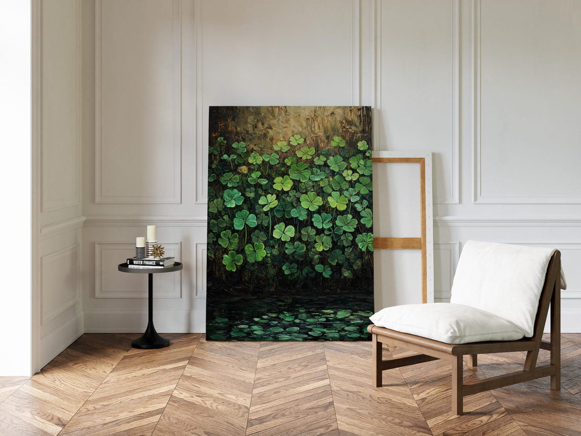 Dense Green Clover Field Above Dark Water Moody Botanical Wall Art - Image 4
