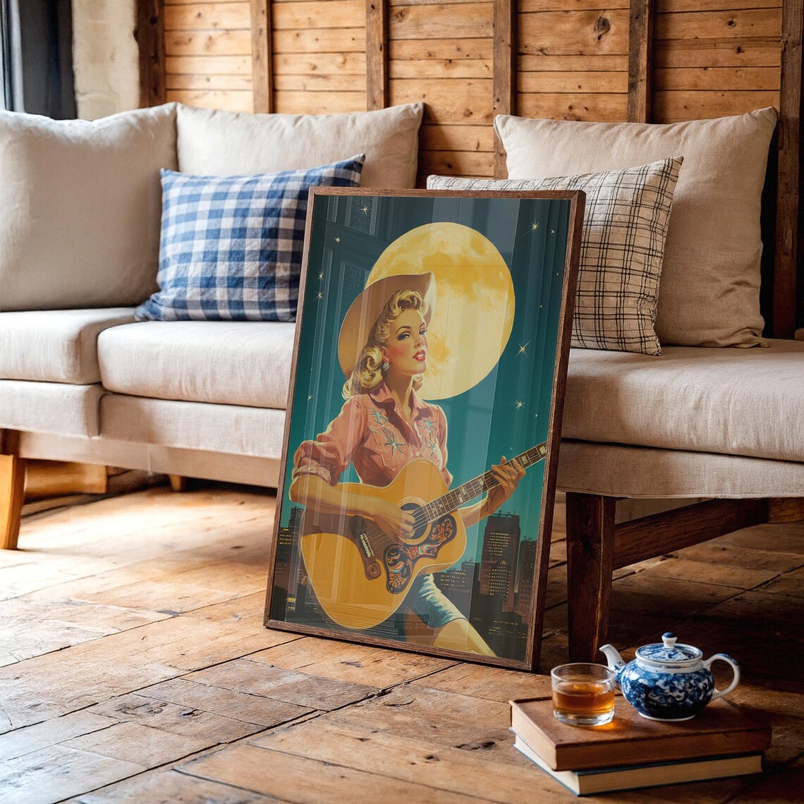 Vintage Cowgirl Serenade Guitar Golden Full Moon Pinup Western Poster