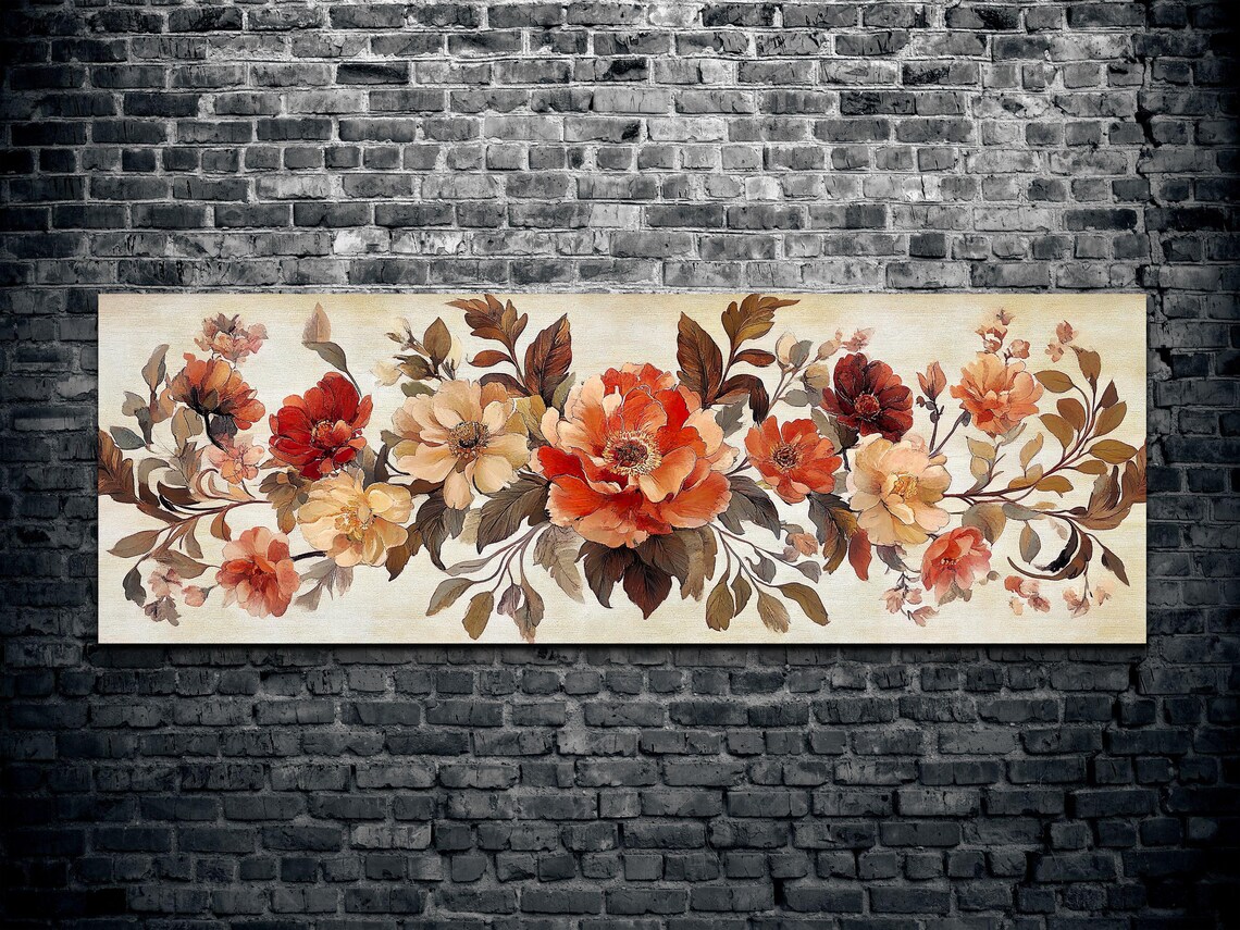 Autumn Poppy Flower Garland Panoramic Vintage Floral Art Poster - Image 2