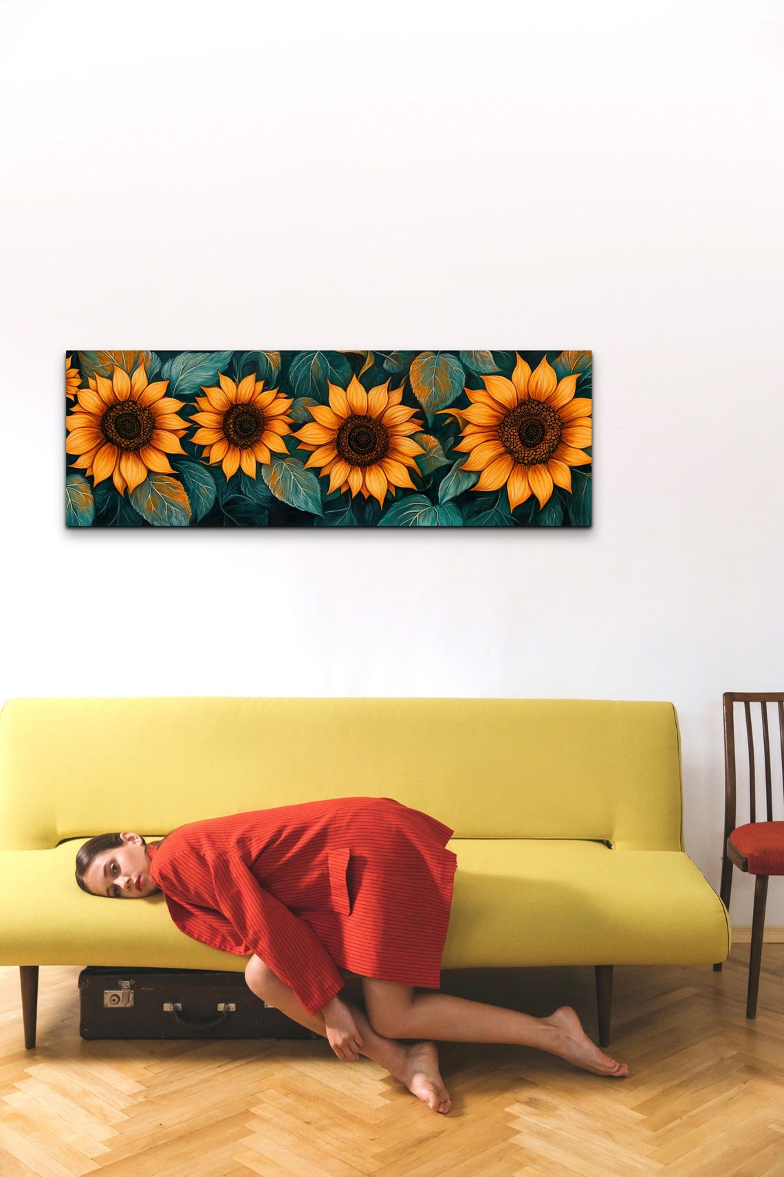 Bold Sunflowers On Teal Leaves Painterly Floral Panorama Poster - Image 3