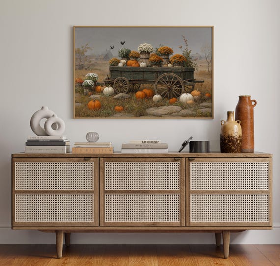 Rustic Fall Wagon Canvas Wall Art With Pumpkins And Flowers Vintage Farmhouse Autumn Harvest Scene Country Decor For Seasonal Home