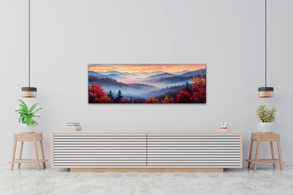 Foggy Mountain Valley Misty Fall Foliage Panoramic Landscape Wall Art - Image 5