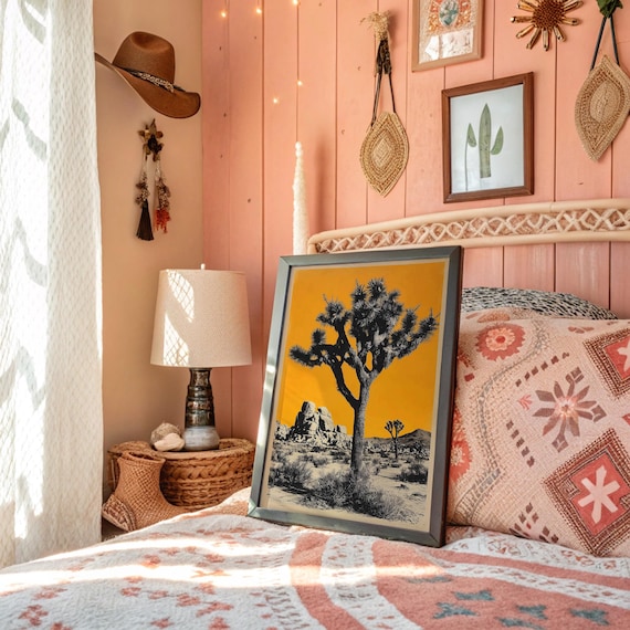 Joshua Tree Desert Silhouette Golden Orange Sky Retro Travel Poster