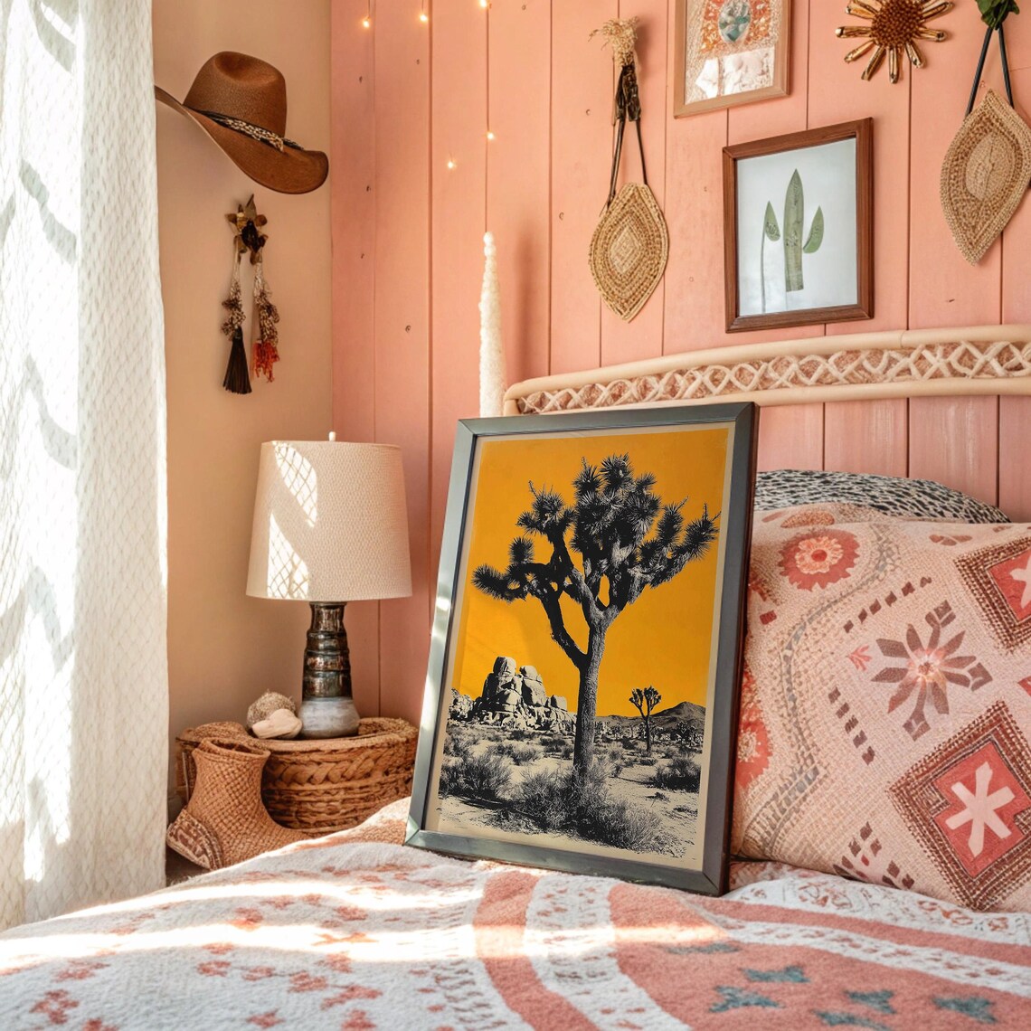Joshua Tree Desert Silhouette Golden Orange Sky Retro Travel Poster