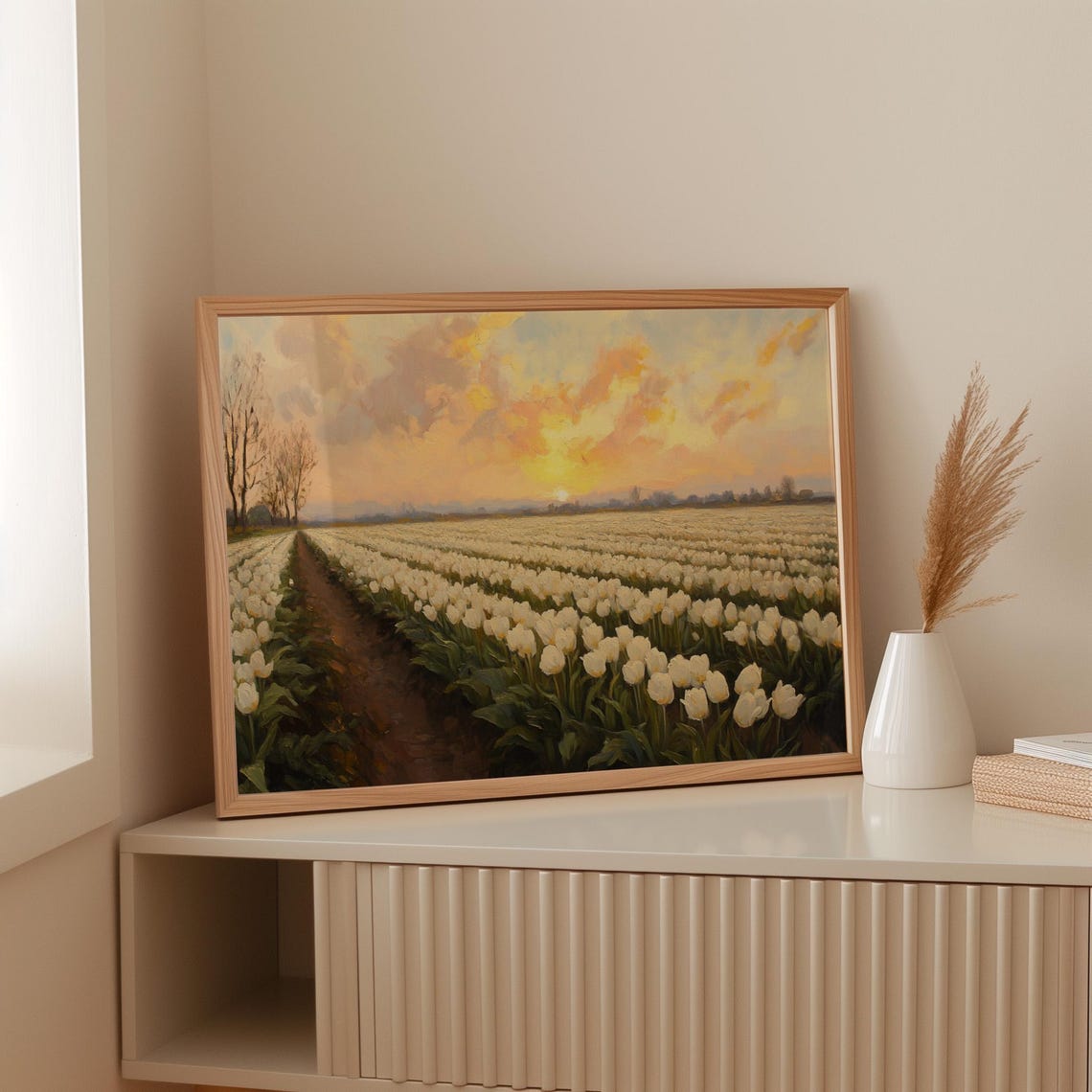 White Tulip Field At Golden Sunrise Spring Floral Landscape Poster
