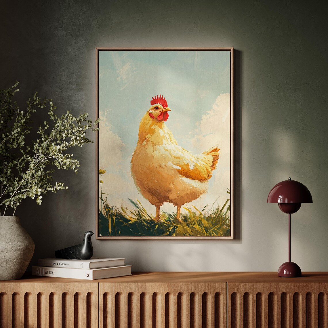 Plump Golden Hen Standing in Tall Grass Pastoral Oil Art Poster