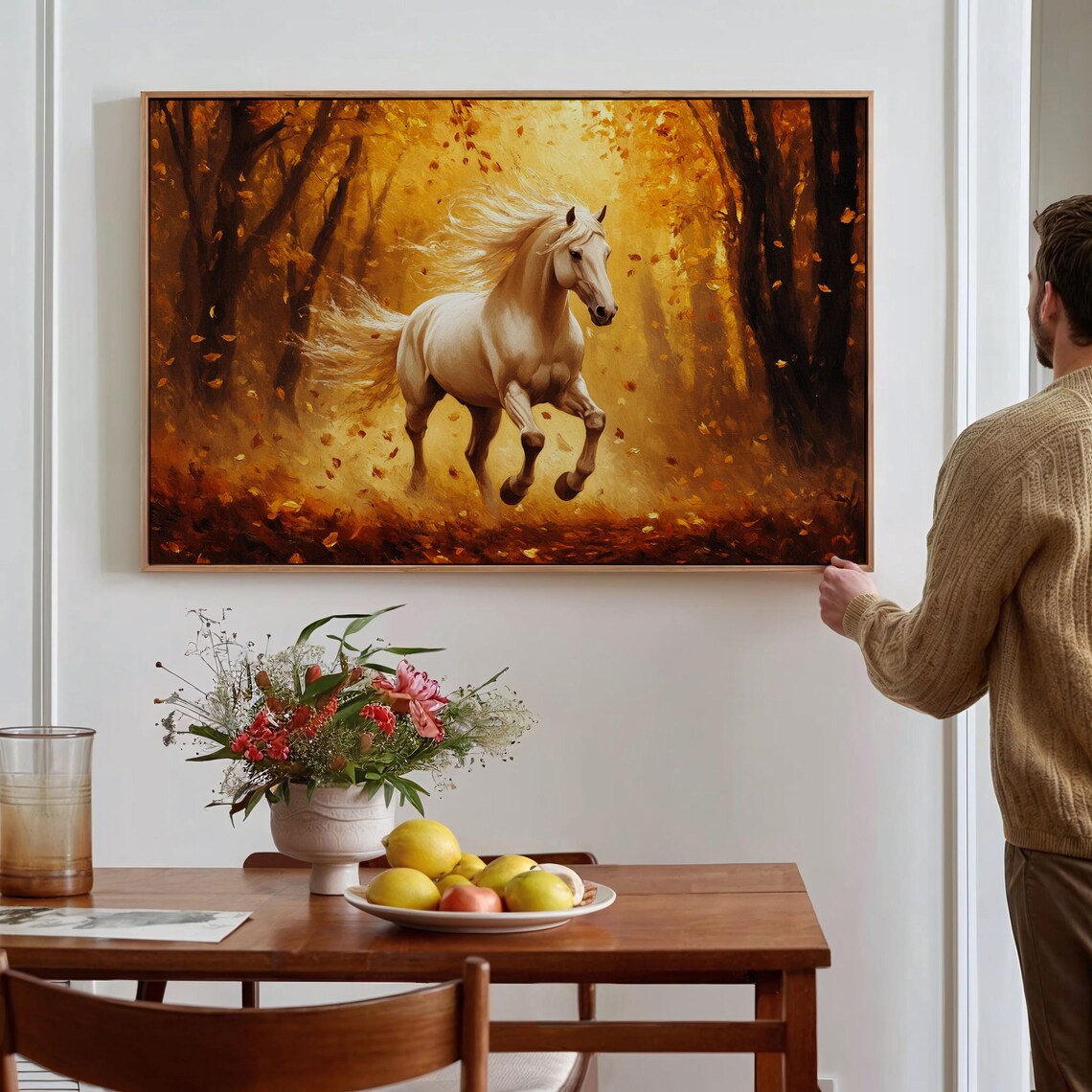 Majestic White Horse Galloping Golden Autumn Forest Equestrian Print