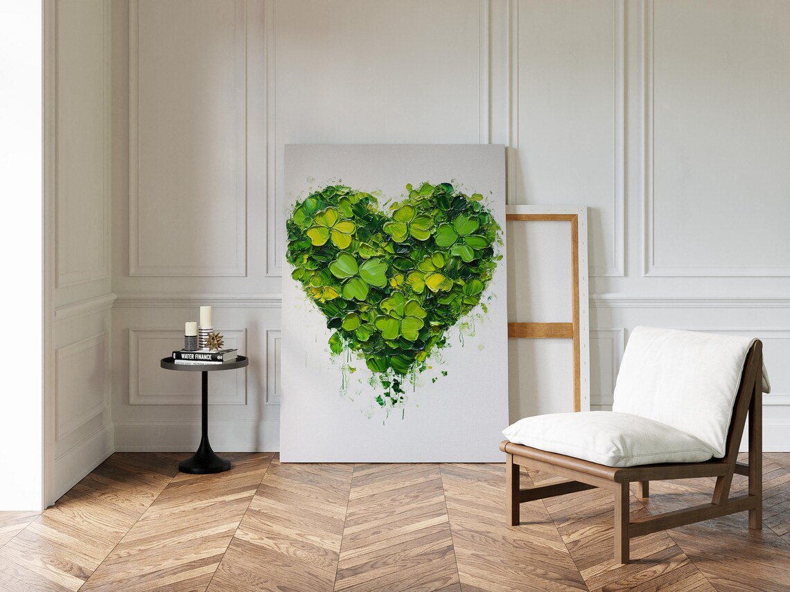 Lucky Green Clover Heart St Patrick Day Botanical Painting Wall Art - Image 5