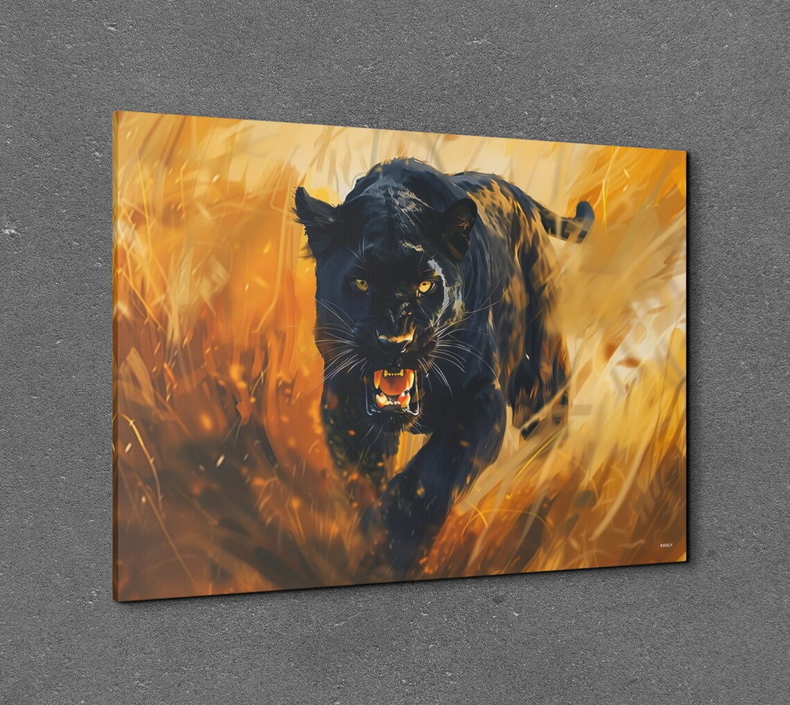 Lunging Black Panther in Golden Light Bold Wildlife Art Poster - Image 2