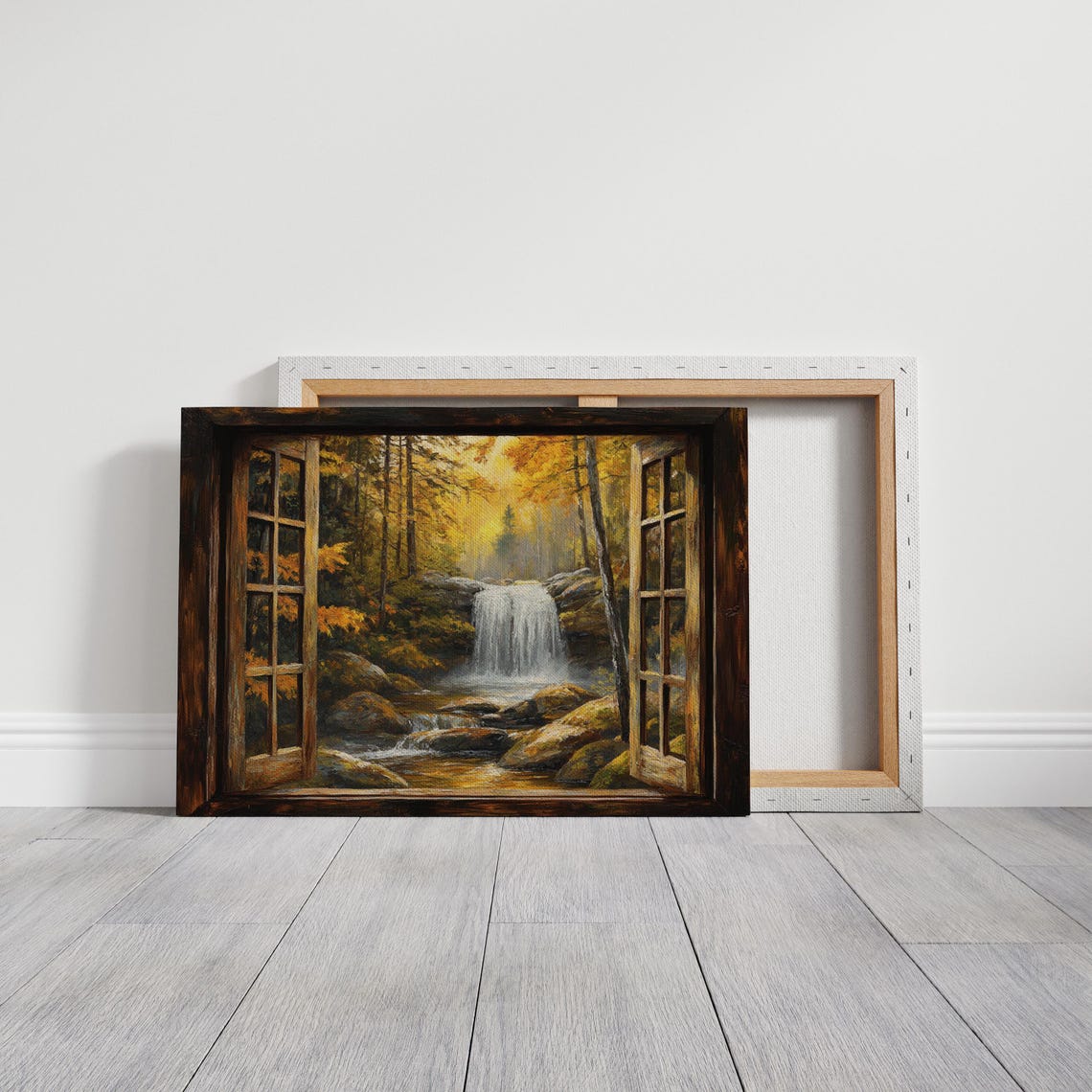 Open Rustic Window Autumn Waterfall Golden Forest View Wall Art - Image 3