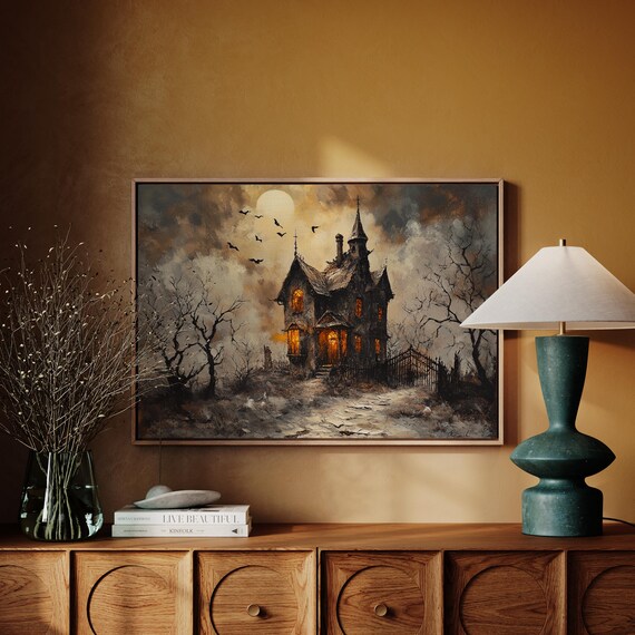 Haunted Gothic Mansion Haunted House Under Full Moon Spooky Halloween Poster