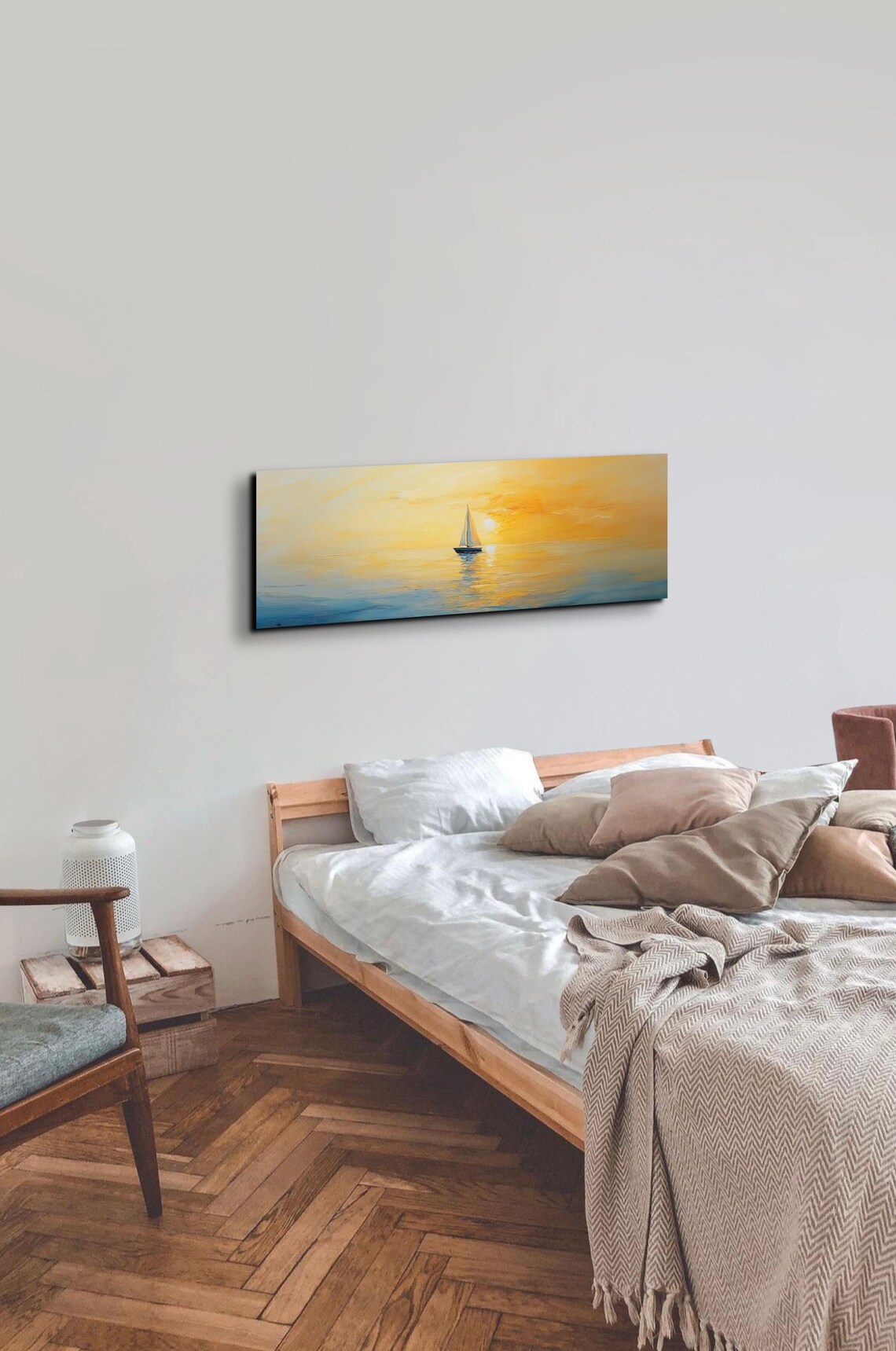 Sailboat Sailing Into Golden Sunset Ocean Painting Waves Poster - Image 3