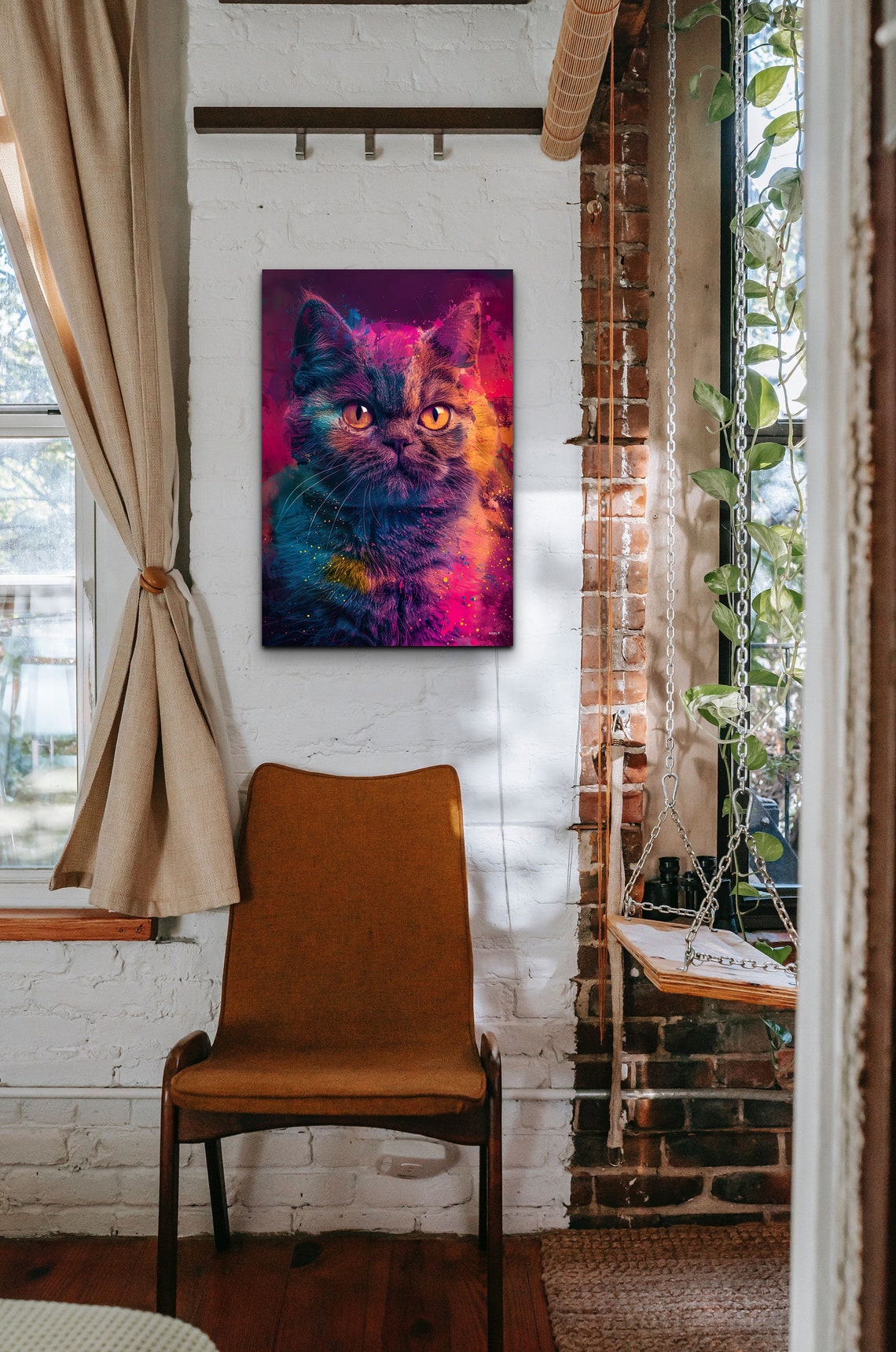 Cat Portrait with Neon Magenta and Orange Paint Splashes Wall Art - Image 4