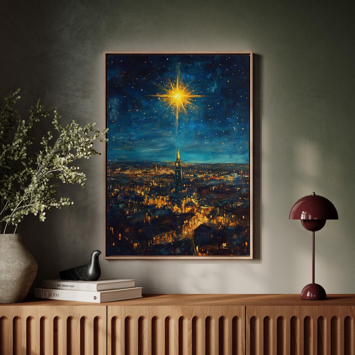 Bethlehem Star Over Cityscape, Christmas Nativity Art Print - Image 7