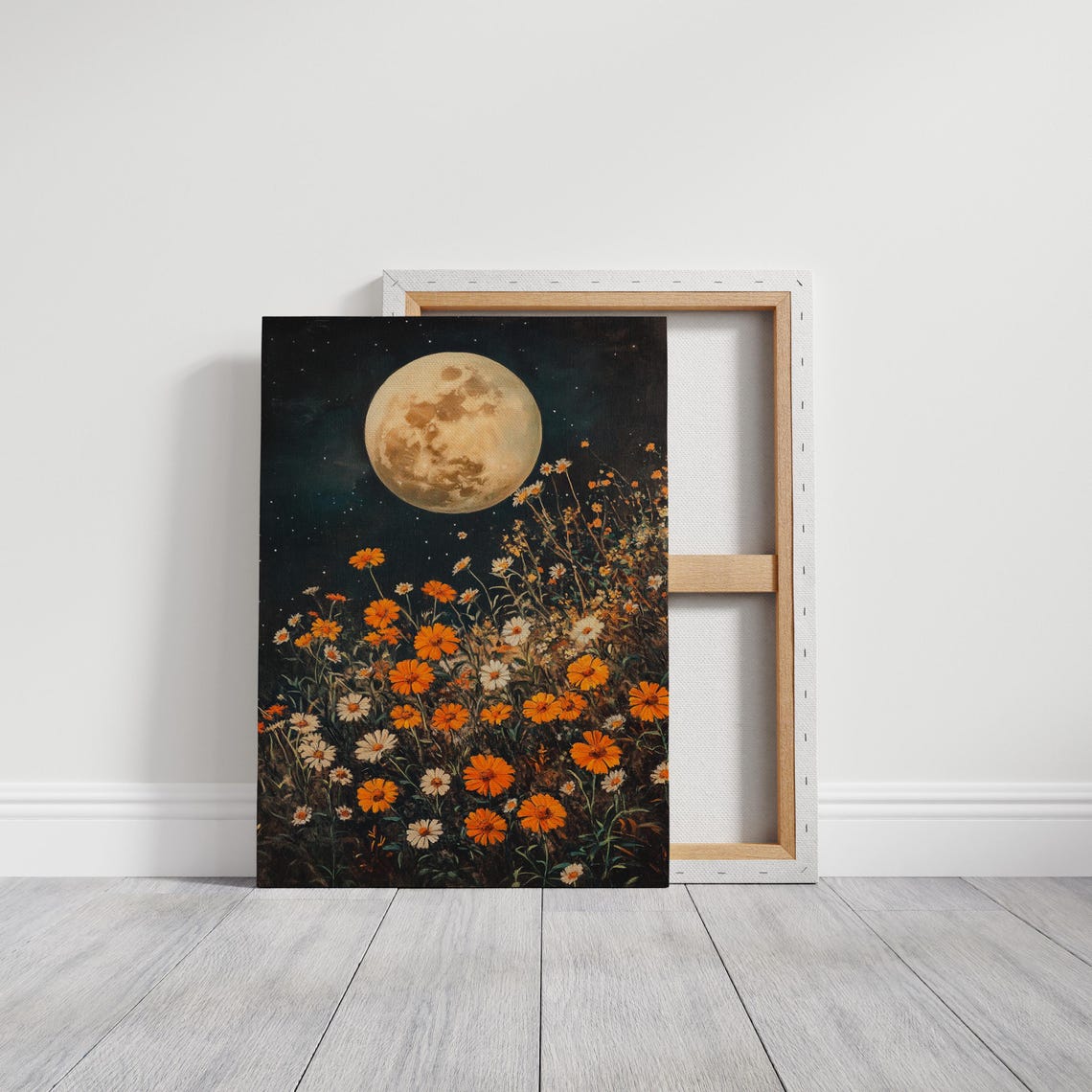 Full Moon Rising Over Wildflower Meadow Orange Blossoms Night Poster - Image 3