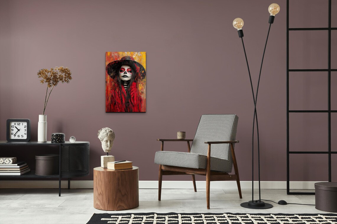 Day Of The Dead Woman Sugar Skull Makeup Red Hat Painting Poster - Image 6