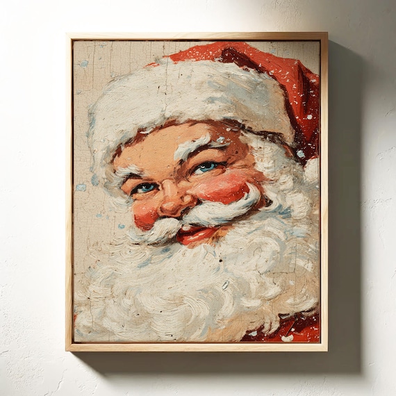 Vintage Santa Claus Smiling Close Up Cracked Oil Painting Poster