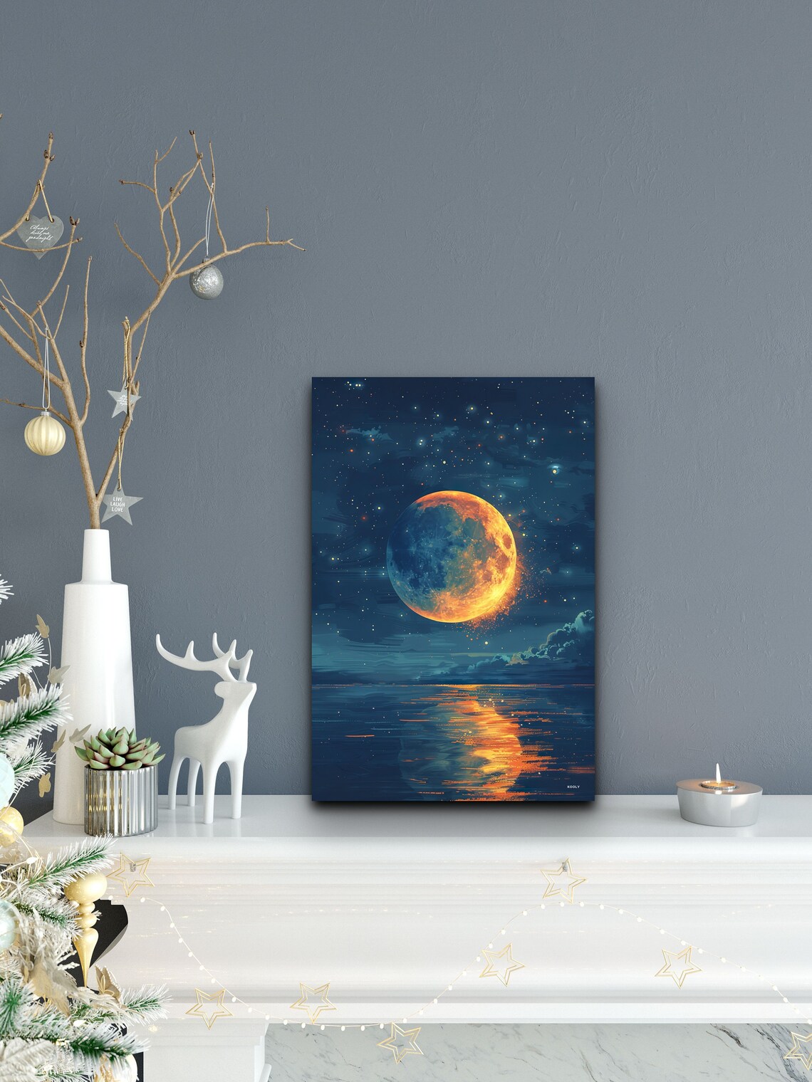 Blood Orange Full Moon Rising Ocean Reflection Starry Night Poster - Image 4
