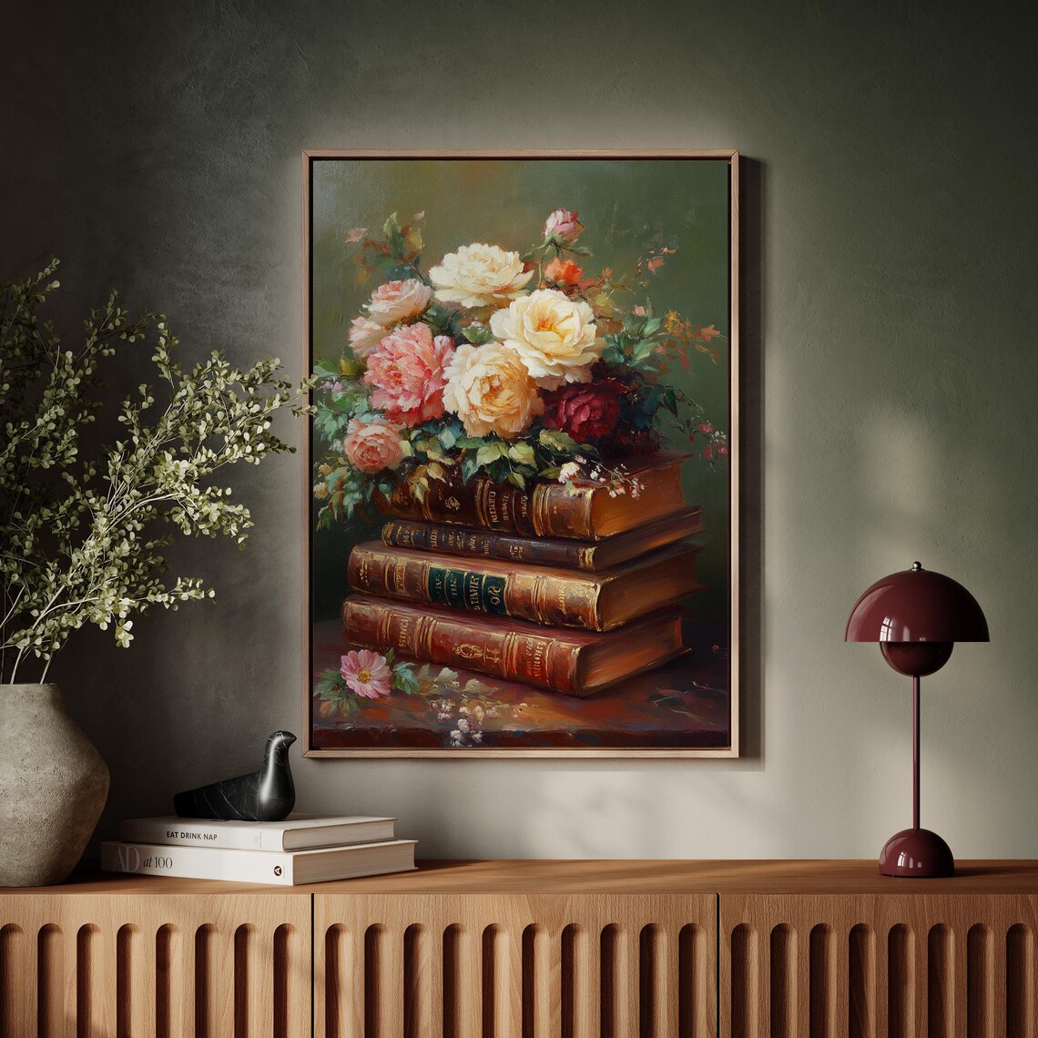Antique Books With Rose Bouquet Dark Green Vintage Still Life Poster - Image 5