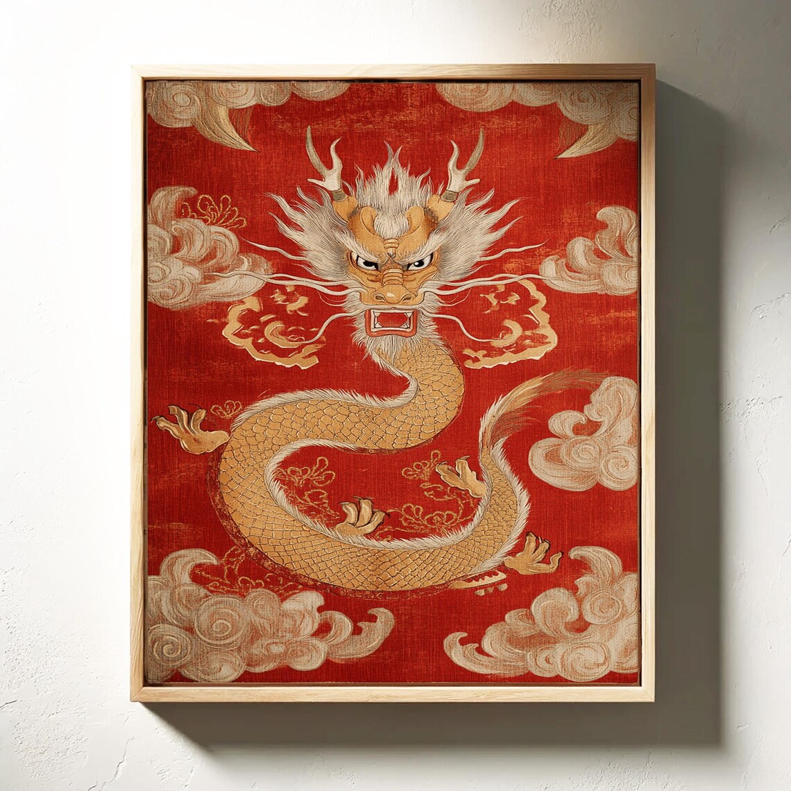 Golden Chinese Dragon On Red Silk With Traditional Cloud Motifs Wall Art - Image 5
