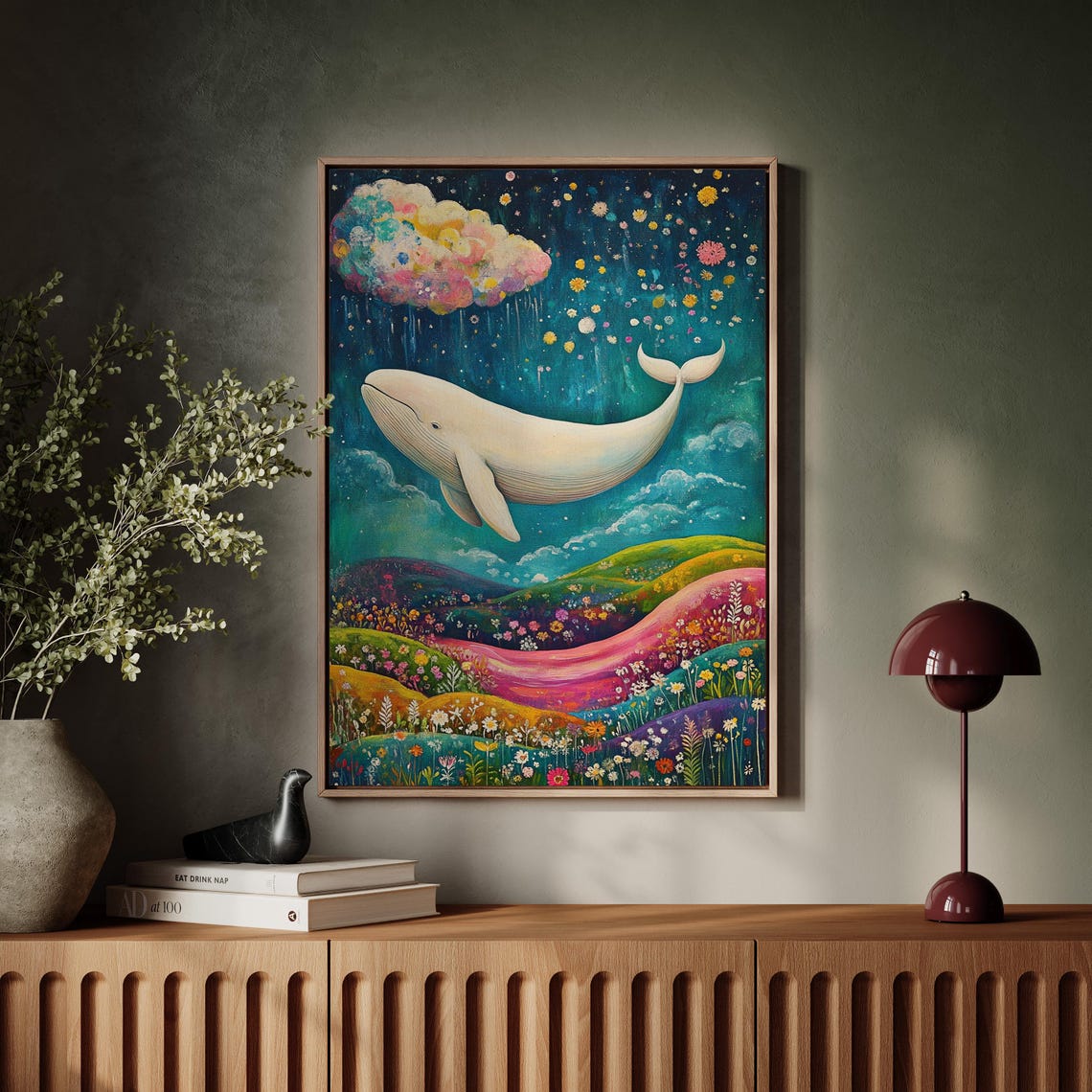 Magical White Whale Over Colorful Wildflower Hills Night Sky Poster - Image 7