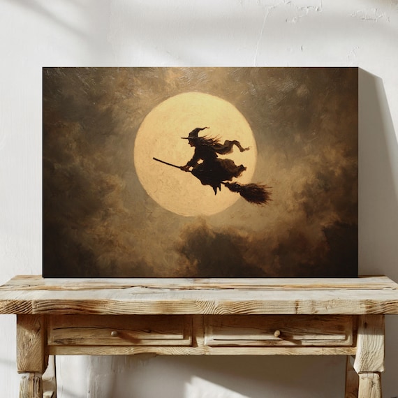 Witch Silhouette Flying Across Golden Full Moon Night Poster
