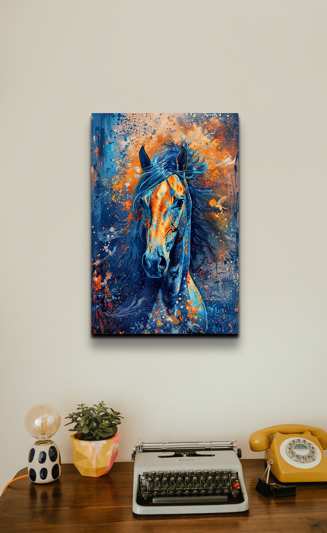 Wild Horse Portrait in Blue Orange Splatter Paint Abstract Poster - Image 3