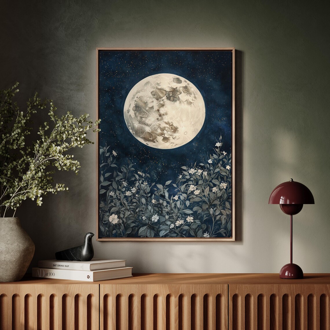 Full Moon Floral Wall Art, Starry Sky Decor