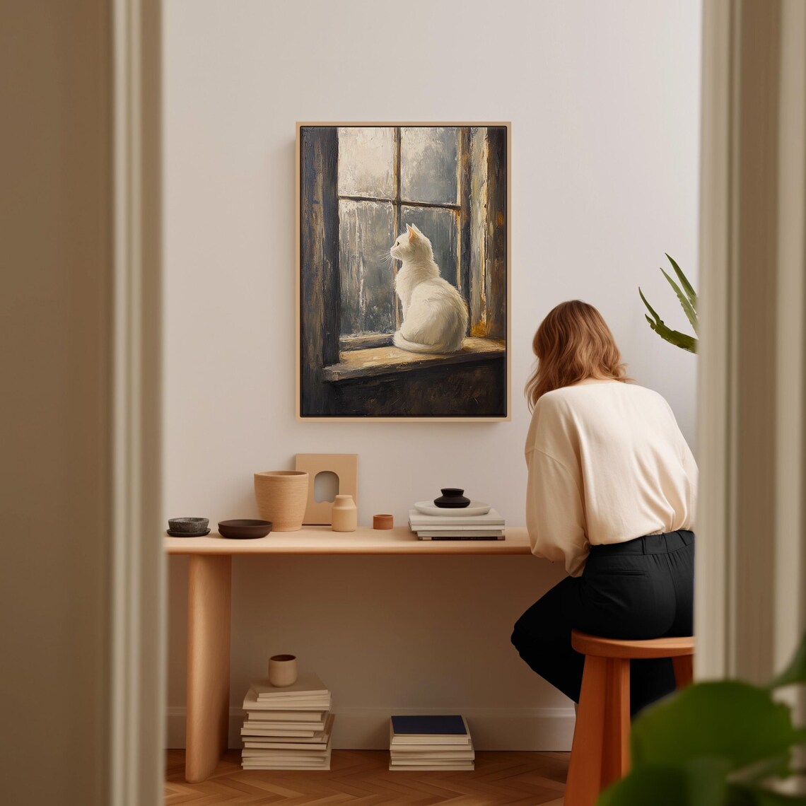 White Cat by Rustic Window, Vintage Farmhouse Art Print - Image 4