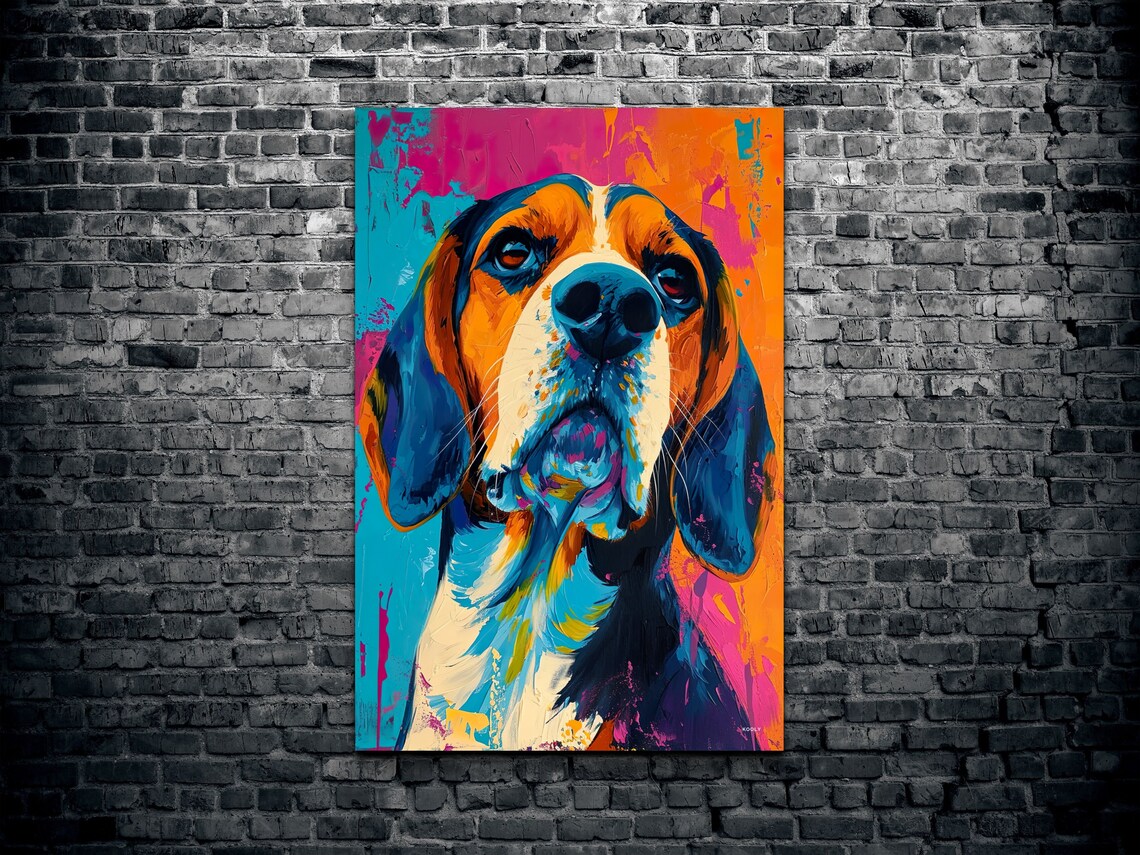 Beagle Dog Close Up Portrait in Bright Neon Pop Art Colors Poster - Image 2