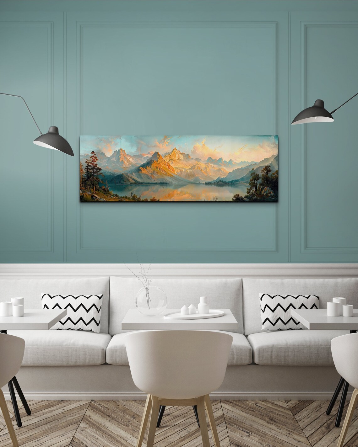 Golden Mountain Range Lake Reflection Sunrise Vintage Landscape Print - Image 6