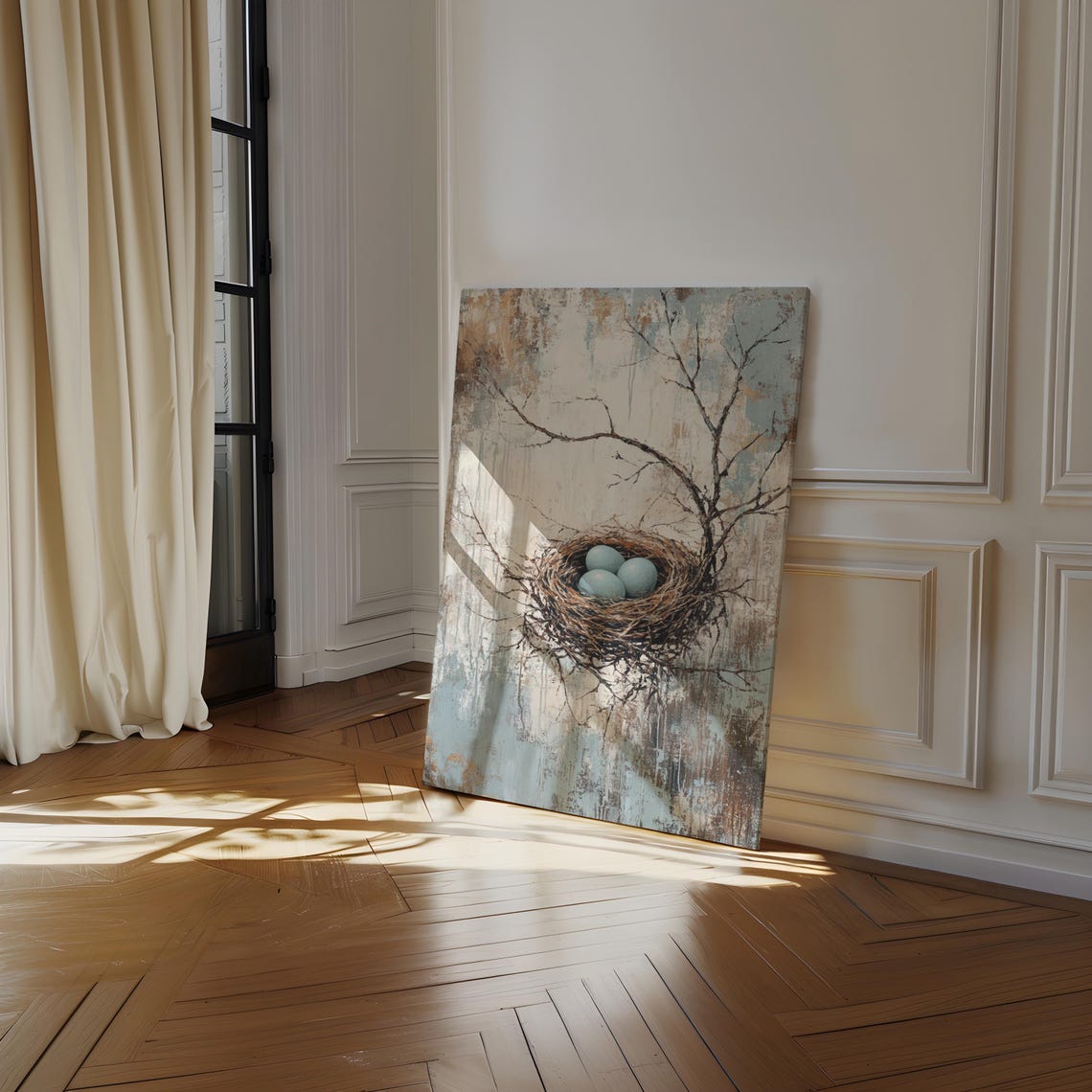 Rustic Bird Nest with Three Blue Eggs Among Bare Branches Poster - Image 4