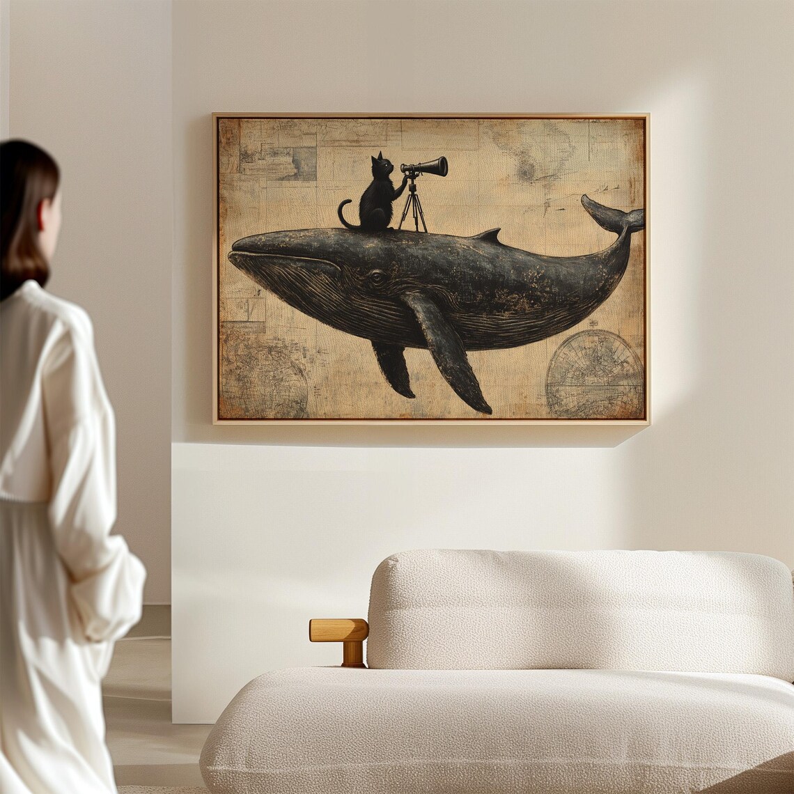 Black Cat With Telescope Riding Whale Surreal Vintage Nautical Animal Poster - Image 7