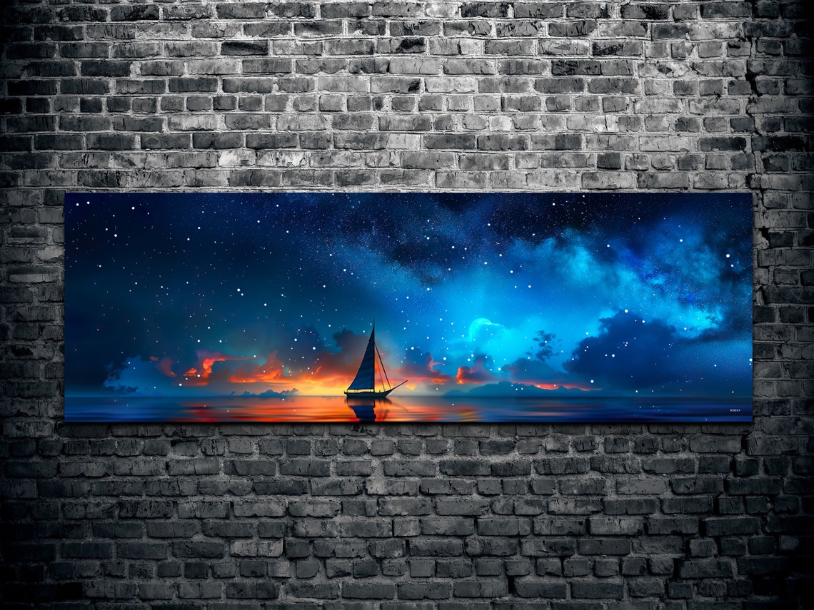 Starry Night Sailboat on Glowing Ocean Sunset Panoramic Poster - Image 2