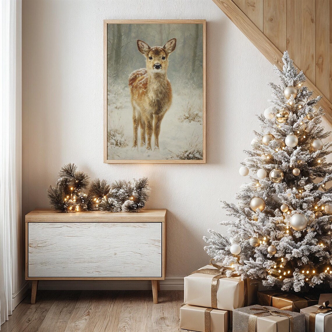 Winter Deer in Snowy Forest, Wall Art Print