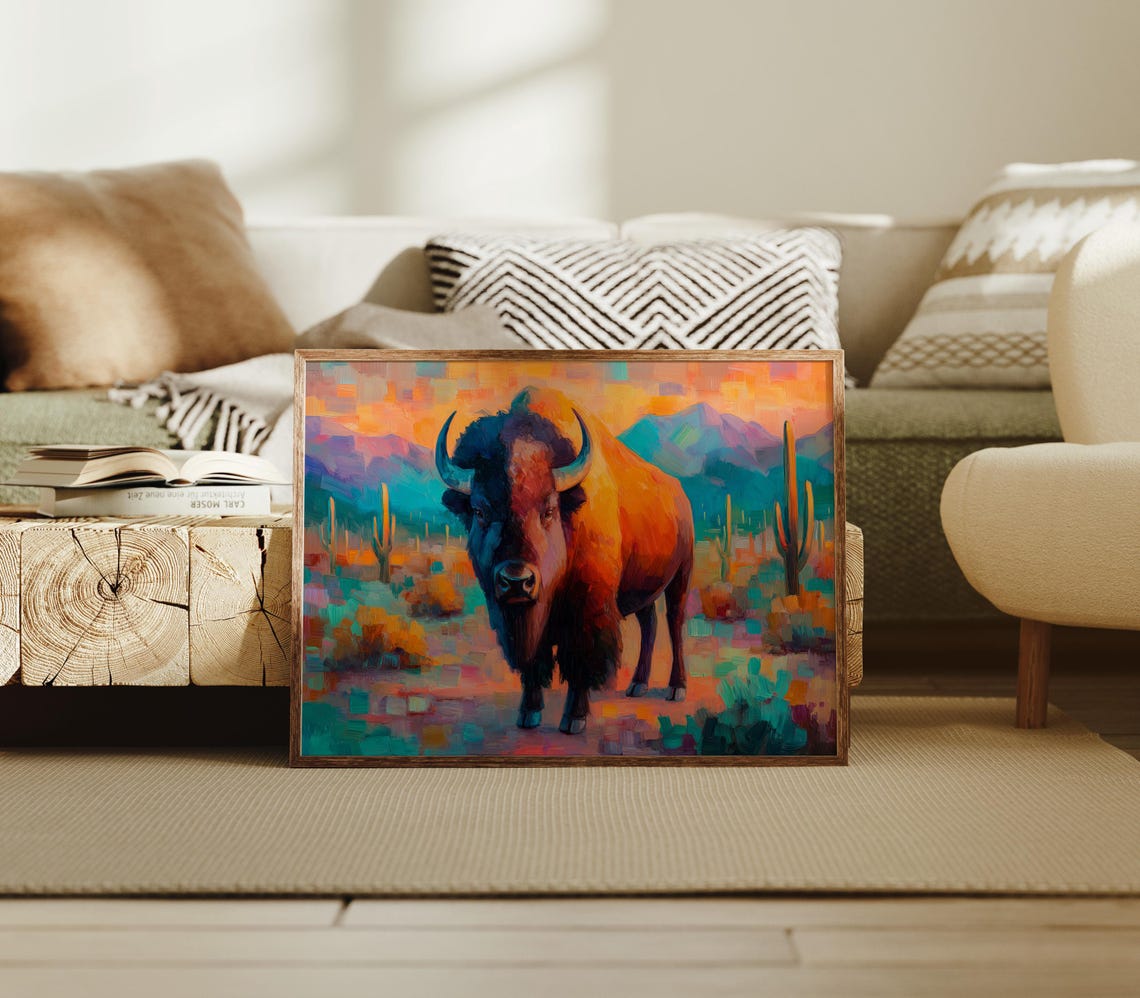 Colorful Bison Painting In Desert Cactus Scene