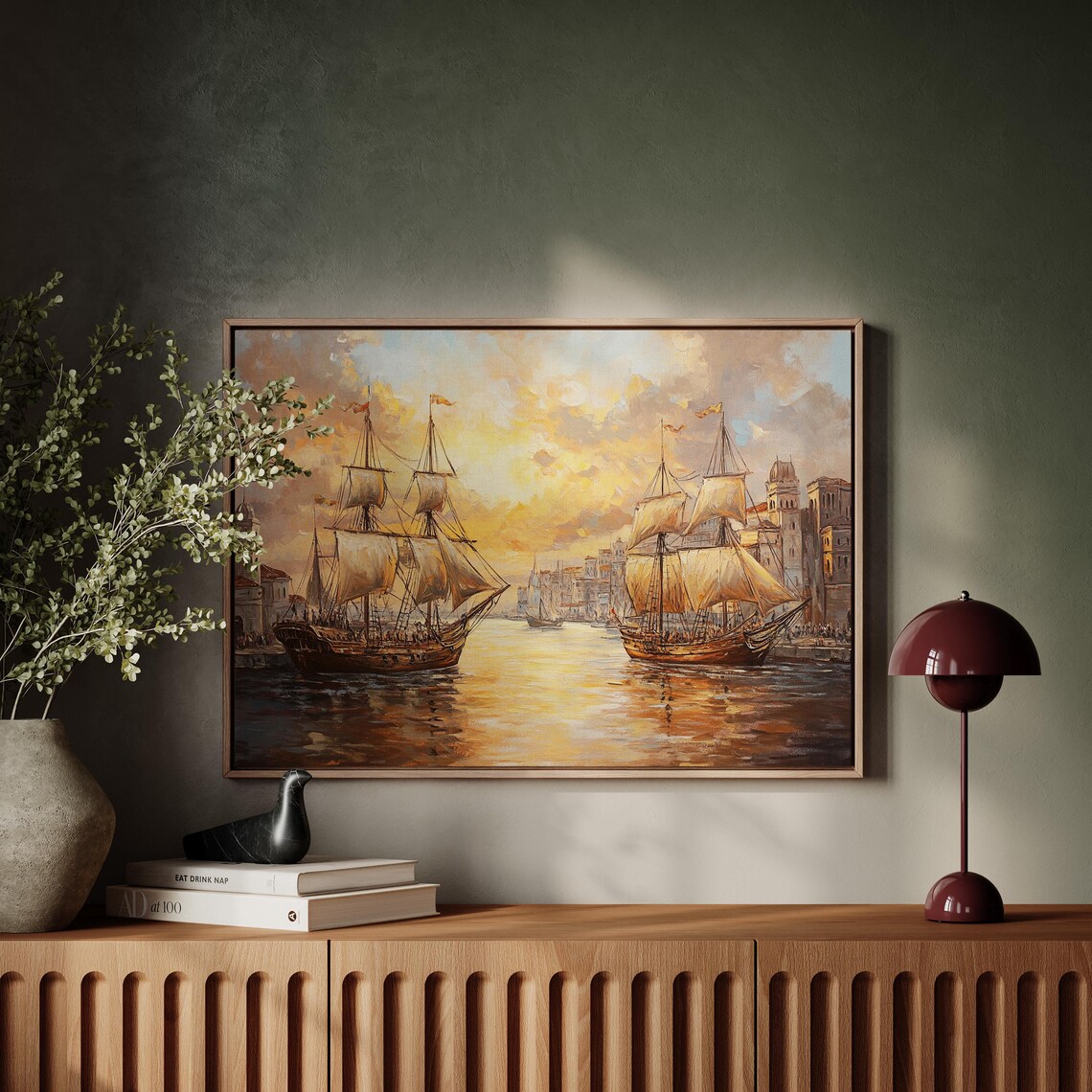 Tall Sailing Ships Harbor Sunset Vintage Nautical Oil Poster - Image 3
