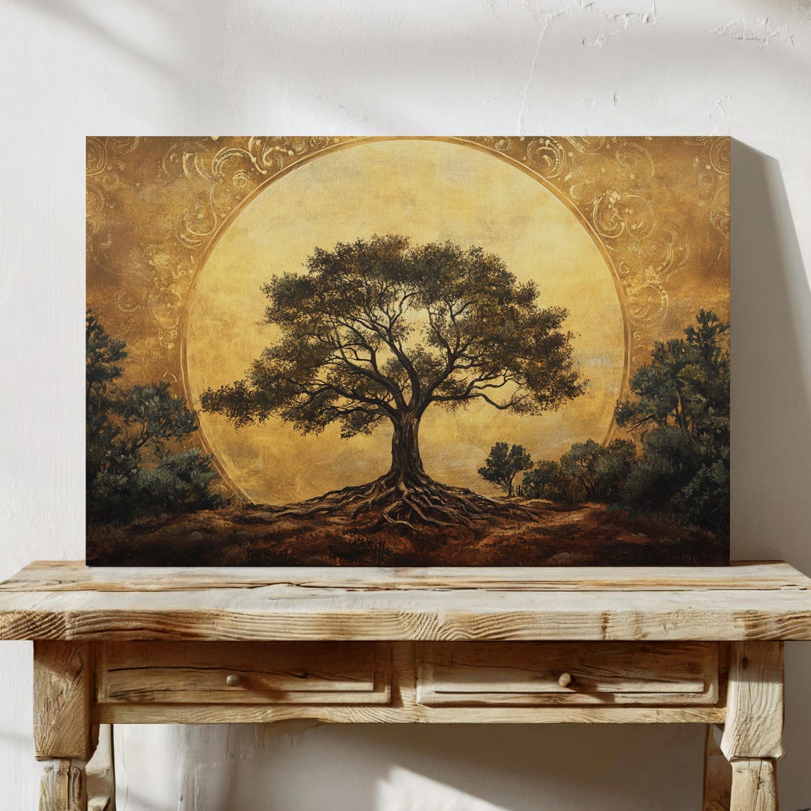Tree Of Life Silhouette Against Giant Golden Sun Disk Poster