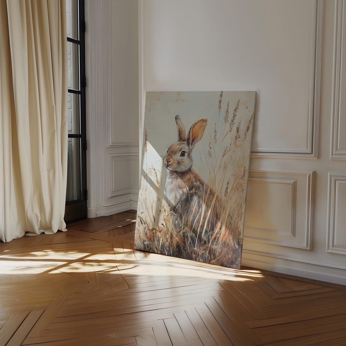 Brown Rabbit in Golden Wheat Grass Rustic Wildlife Portrait Wall Art - Image 3