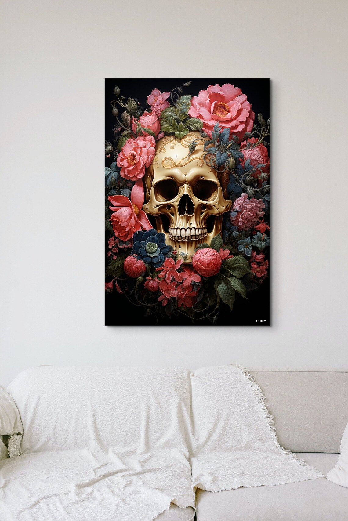 Golden Skull With Pink Flowers Day Of The Dead Gothic Art Poster - Image 3