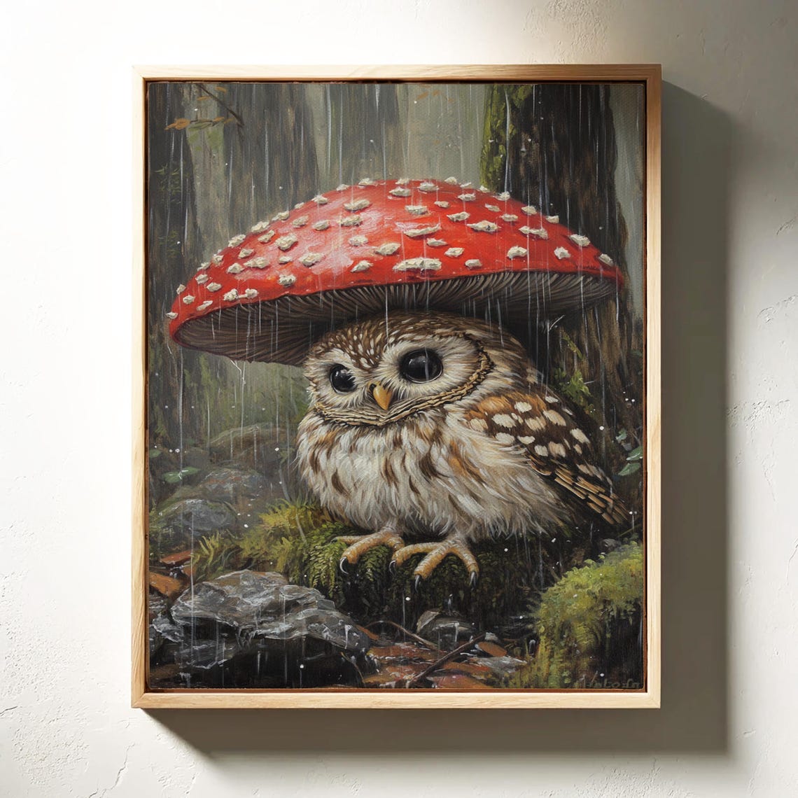 Adorable Owl Under Red Mushroom Rainy Forest Shelter Scene Poster - Image 4